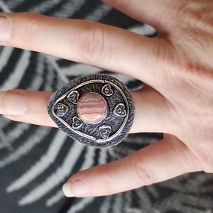New Rhodochrosite Engraved Heart Shaped Silver Ring.
